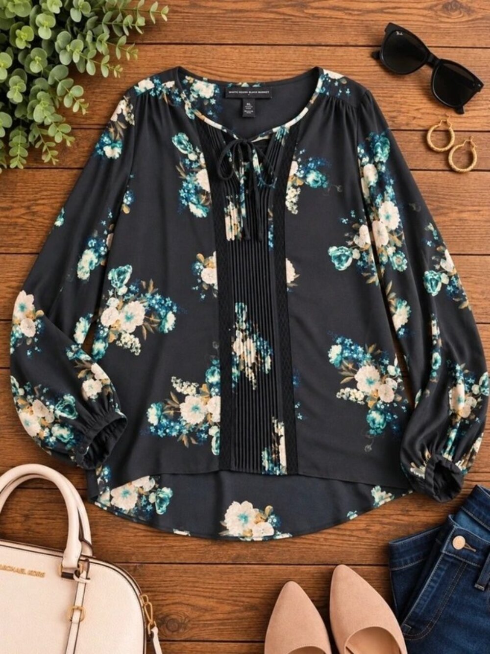 White House Black Market Floral Pleated Blouse XL Black Teal Long Sleeve